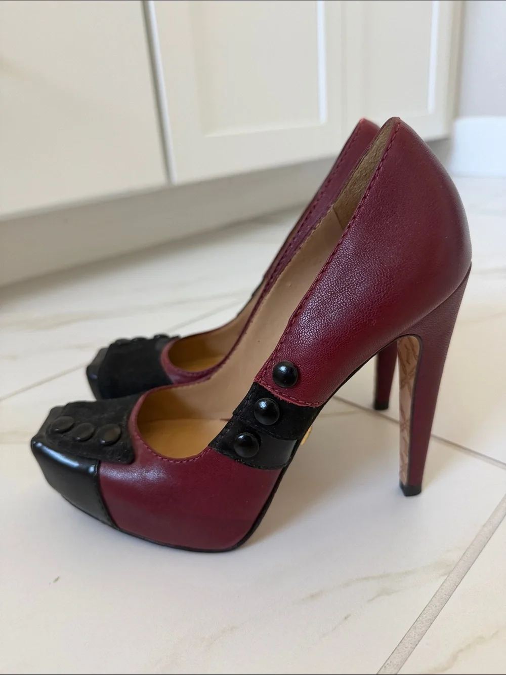 L.A.M.B. Burgundy and Black Button-Accent High Heels